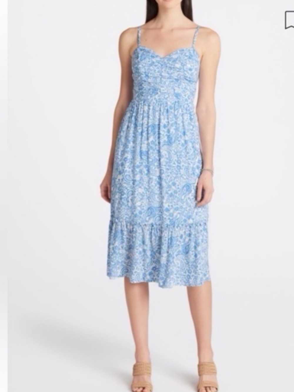 NWT The General Good Rayna Ruched Detail Midi Dress Light Blue Paisley Size S